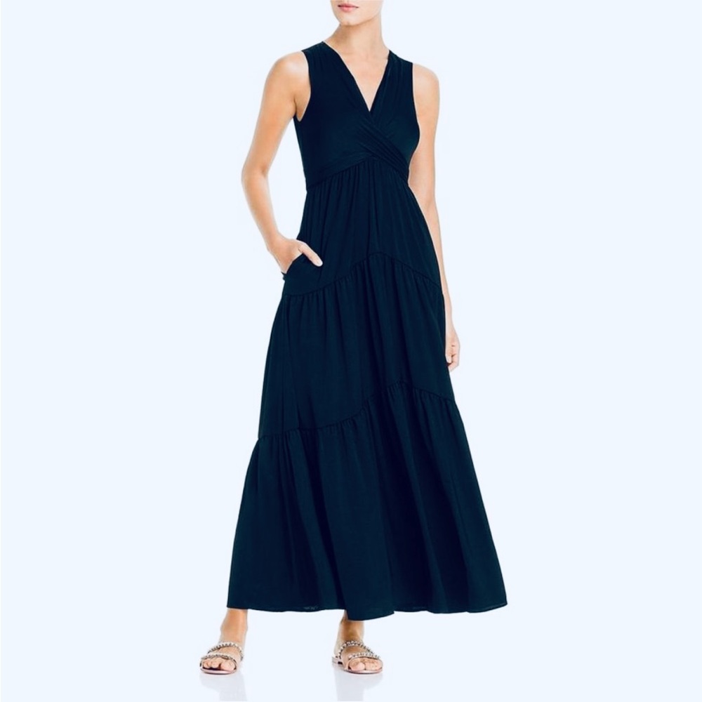Kobi Halperin Courtnie Navy Satin Full Length V-Neck Gown, size M